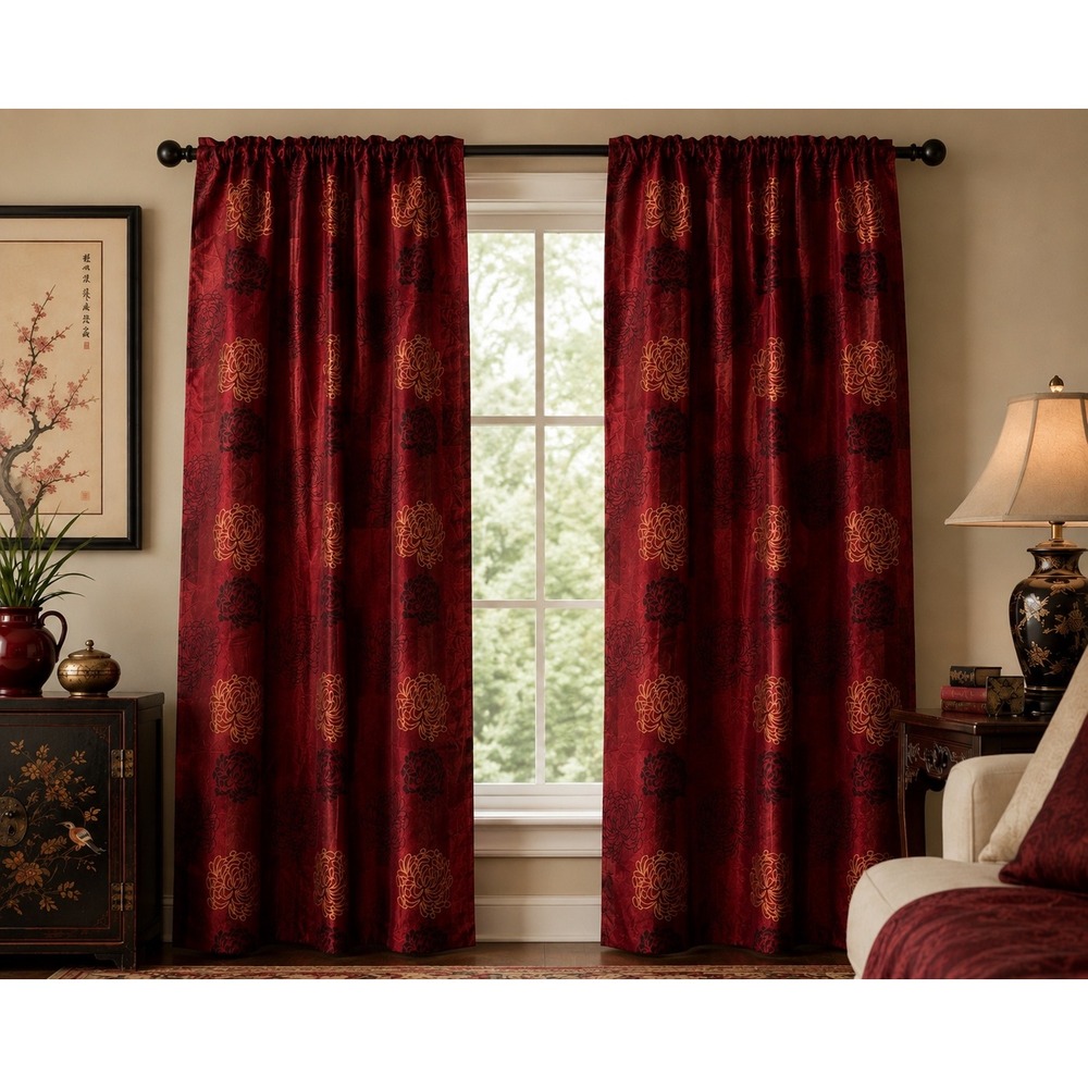 Pier 1 Imports Lined Burgundy‎ Satin Floral Curtain Panels Set of 2